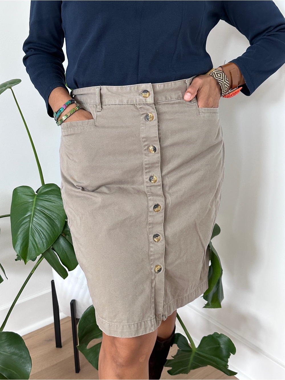 Gloria Vanderbilt Taupe Button-Front A-Line Skirt